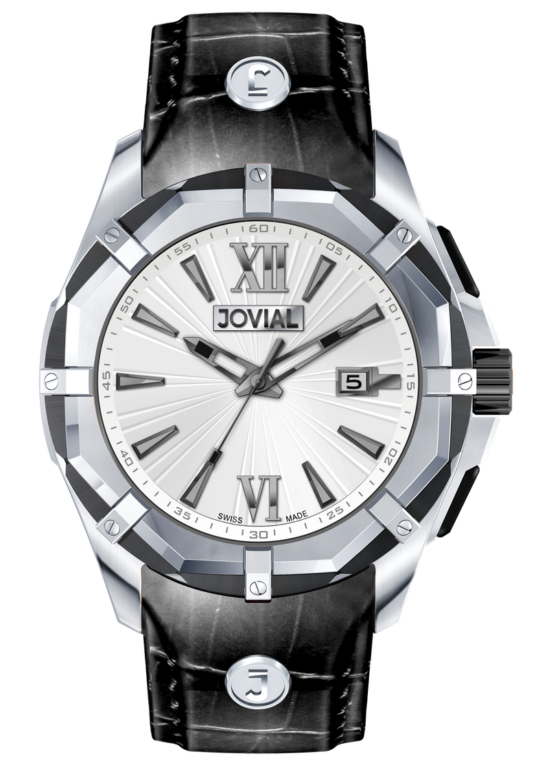 Classic JOVIAL Watch 12019 GSLQ 11 Gents Silver (White) 46mm Genuine Leather