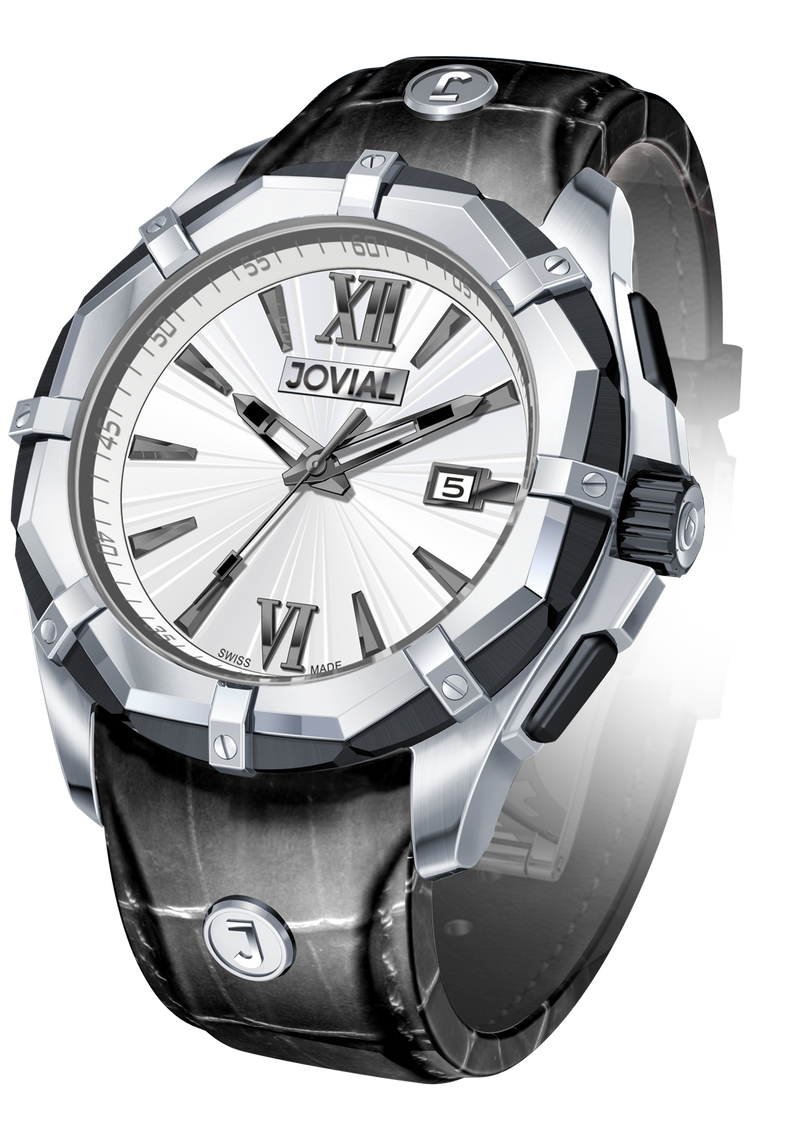 Classic JOVIAL Watch 12019 GSLQ 11 Gents Silver (White) 46mm Genuine Leather