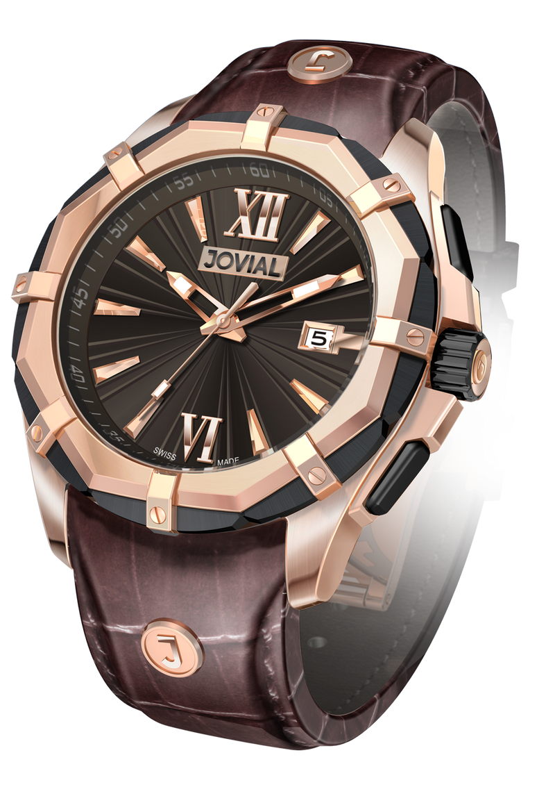 Classic JOVIAL Watch 12018 GRLQ 33 Gents Rose Gold (Brown) 46mm Genuine Leather