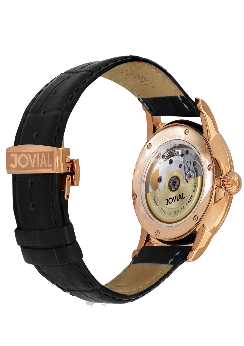 Automatic classic JOVIAL watch 9109GRLA31 Gents Rose Gold (Black) 42mm Genuine Leather 