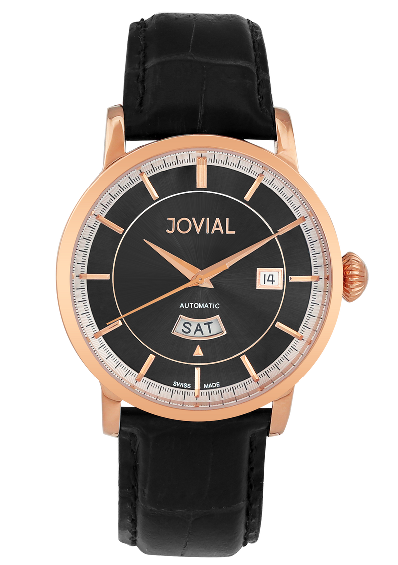 Automatic classic JOVIAL watch 9109GRLA31 Gents Rose Gold (Black) 42mm Genuine Leather 